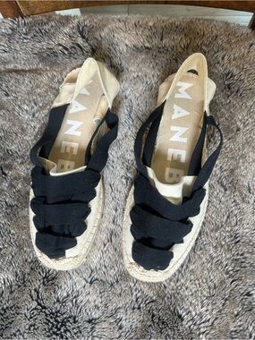 MANEBI Canvas Ribbon Detail Black And Cresm Espradilles, Size 43/9.5